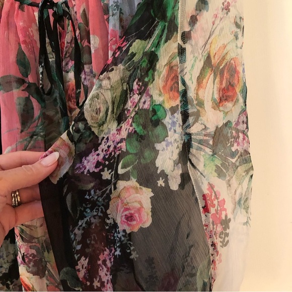 Johnny Was silk floral blouse pink black and light blue sheer tassel neck S - Picture 5 of 8